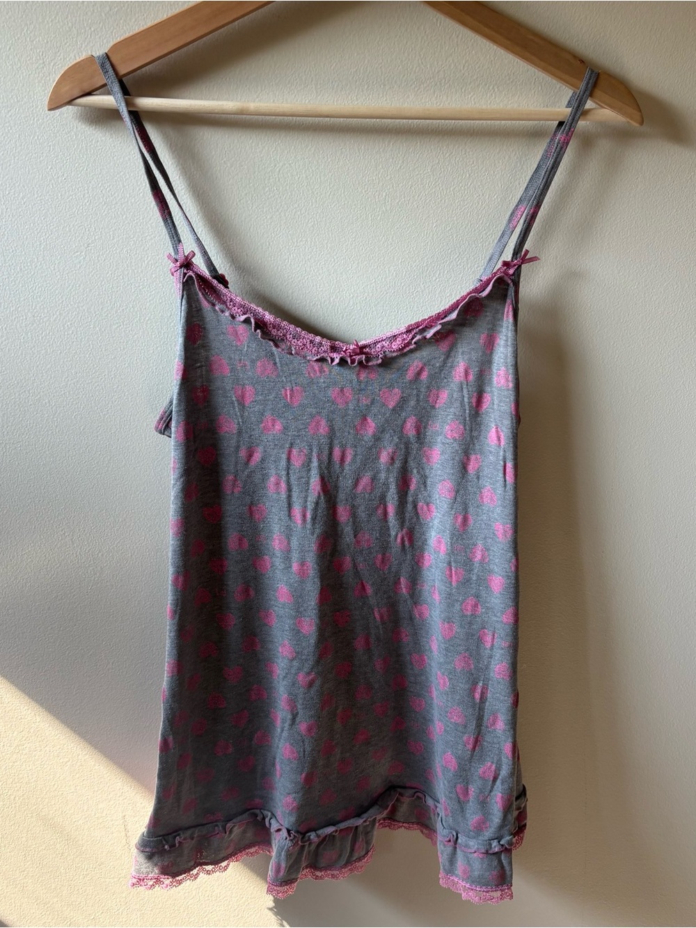 LEI Gray and Pink Heart Lace-Trim Cami Top